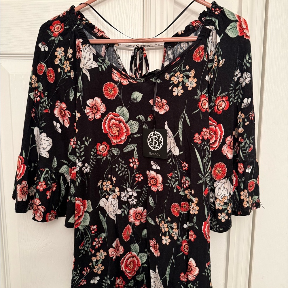 Bobeau Black Floral Blouse with Red and White Blooms
